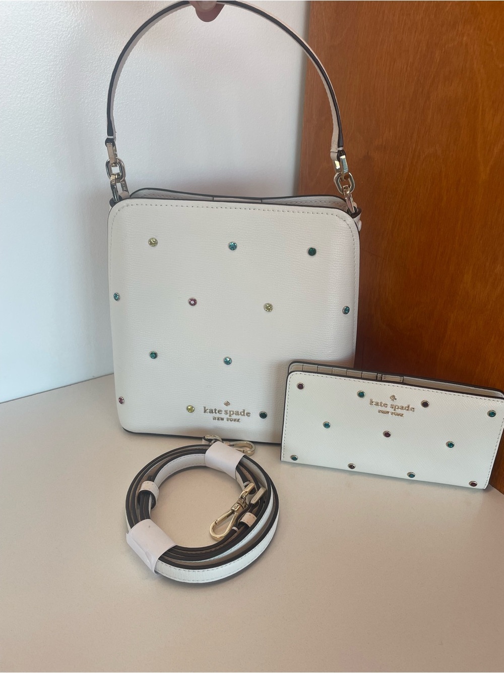 Kate Spade Darcy Small Bucket bag and wallet- cream multi studded gem accent - Picture 3 of 10